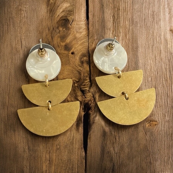 White and Brass Half Circle Earrings, White Jewelry, Modern Jewelry - Picture 4 of 7